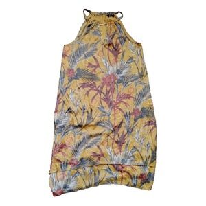 Mlle Gabrielle Halter Dress Women 1X Plus‎ Yellow Leaf Print Tiered Lined